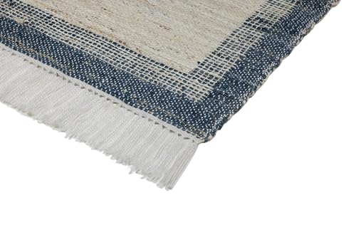 Handmade Cream and Navy Blue Jute & Recycled PET Yarn Rug - 5x8 Feet