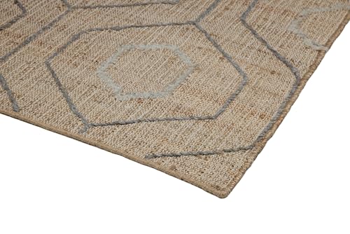 Handmade Natural Jute, Wool & Cotton Rug with Geometric Grey Line Design - Rectangle