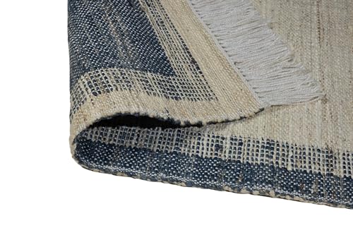 Handmade Cream and Navy Blue Jute & Recycled PET Yarn Rug - 5x8 Feet